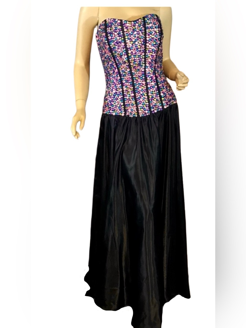 TIFFANY DESIGNS MULTI-COLOR BEADED STRAPLESS DRESS WITH BLACK SATIN SKIRT (M)